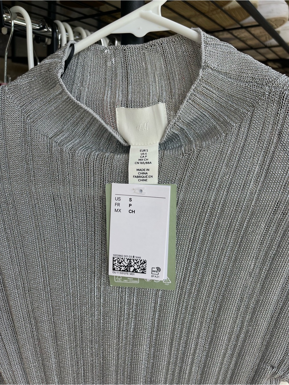 H&M Metallic Silver Ribbed Crewneck Sweater